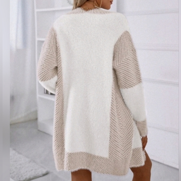 NEW Chic Striped Duster Cardigan Sweater Jacket Tan Khaki Off White - Picture 5 of 7